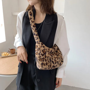 Leopard Print Plush Shoulder Bag for Women Winter Warm Tote