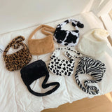 Leopard Print Plush Shoulder Bag for Women Winter Warm Tote