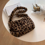 Leopard Print Plush Shoulder Bag for Women Winter Warm Tote