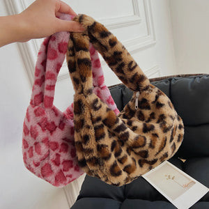 Leopard Print Shoulder Bag Soft Plush Lightweight Tote Travel Bag