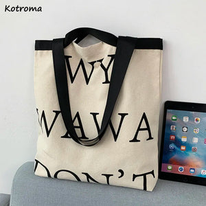 Retro Letter Shoulder Bags Women Canvas Shopping School Student All-match