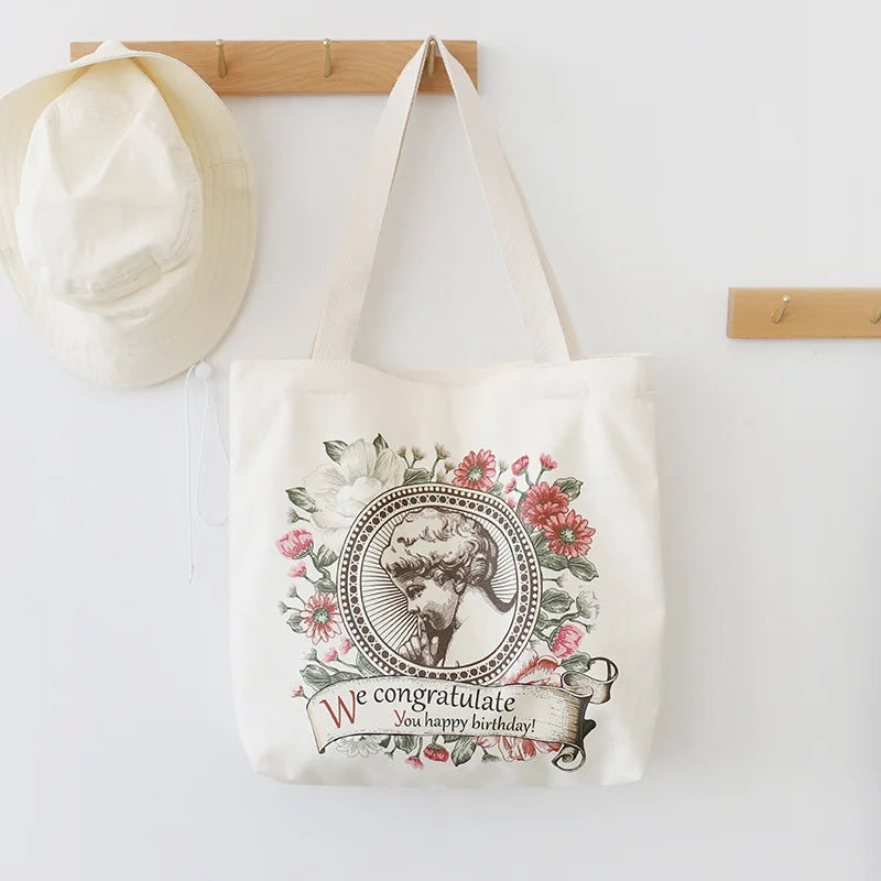 Retro Literary Canvas Women's Shoulder Shopper Bag Large Cotton Eco Shopping