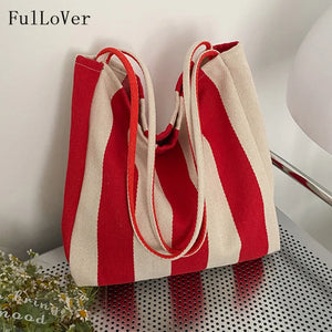 Striped Canvas Shoulder Bag Vintage Style Large Capacity Retro Handbag