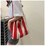 Striped Canvas Shoulder Bag Vintage Style Large Capacity Retro Handbag