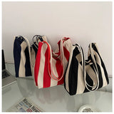 Striped Canvas Shoulder Bag Vintage Style Large Capacity Retro Handbag