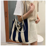 Striped Canvas Shoulder Bag Vintage Style Large Capacity Retro Handbag