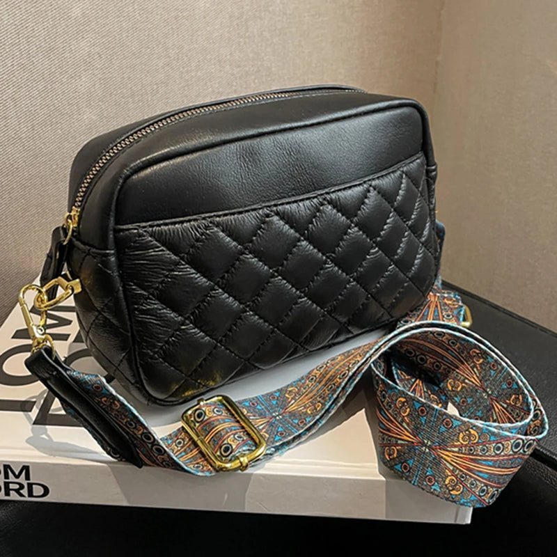Quilted PU Leather Crossbody Sling Bag Prints Wide Strap Crossbody Bag