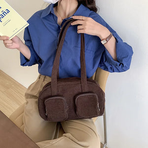 Retro Corduroy Shoulder Bag with Multi-pocket Design
