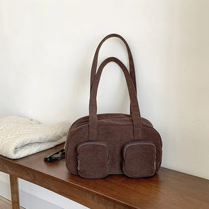 Retro Corduroy Shoulder Bag with Multi-pocket Design