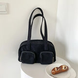 Retro Corduroy Shoulder Bag with Multi-pocket Design