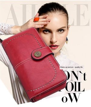 Retro Oil Wax Leather Women's Long Wallet Credit Card Clutch Purse