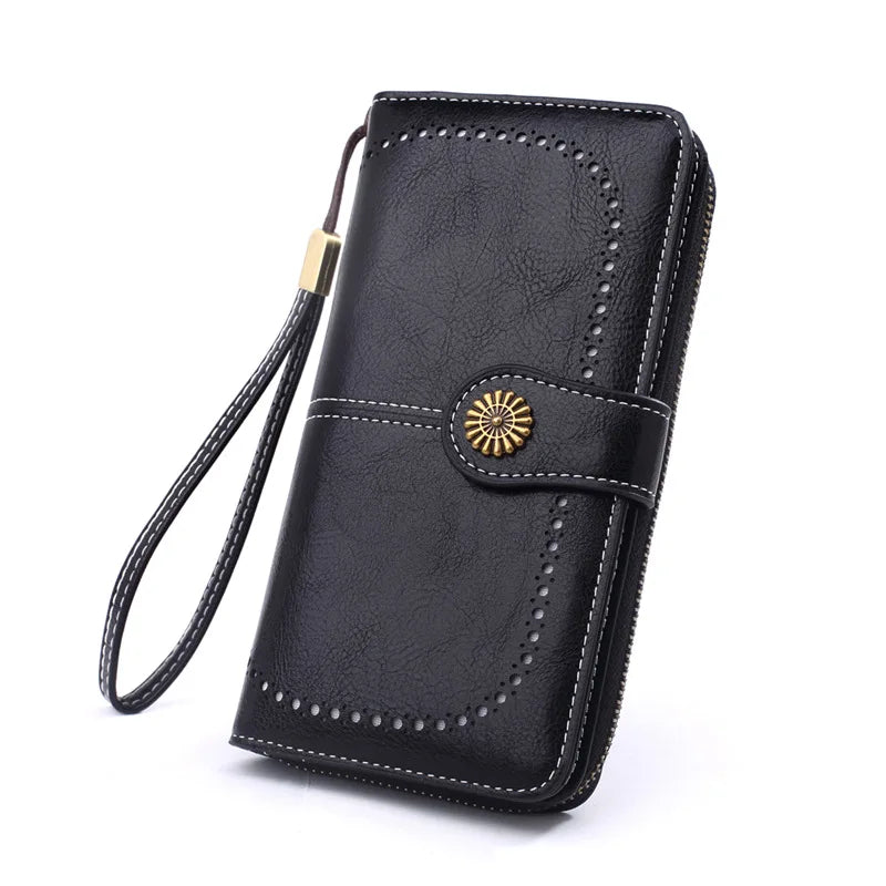 Retro Oil Wax Leather Women's Long Wallet Credit Card Clutch Purse
