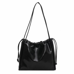 Retro PU Leather Women Underarm Bags Drawstring Solid Shoulder Bag