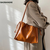 Retro PU Leather Women Underarm Bags Drawstring Solid Shoulder Bag