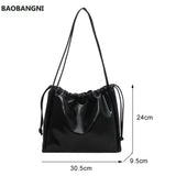 Retro PU Leather Women Underarm Bags Drawstring Solid Shoulder Bag