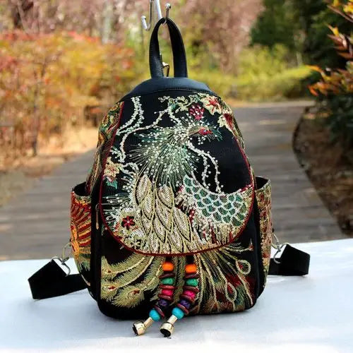 Retro Phoenix Embroidered Backpack Sequins Canvas Tribal Ethnic Floral Women Bag