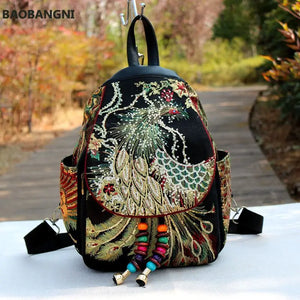 Retro Phoenix Embroidered Backpack Sequins Canvas Tribal Ethnic Floral Women Bag