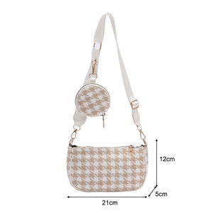 Plaid Shoulder Bag with Mini Round Purse Pendant, 2pcs Composite Bags
