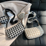 Plaid Shoulder Bag with Mini Round Purse Pendant, 2pcs Composite Bags