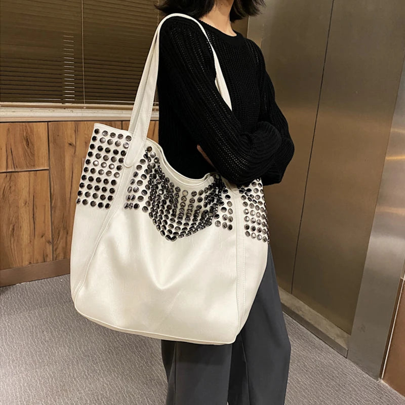 Retro Rivet Shoulder Bag Soft PU Leather Totes Casual Large Capacity