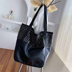 Retro Rivet Shoulder Bag Soft PU Leather Totes Casual Large Capacity