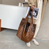 Retro Rivet Shoulder Bag Soft PU Leather Totes Casual Large Capacity