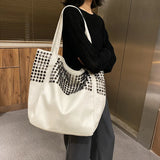 Retro Rivet Shoulder Bag Soft PU Leather Totes Casual Large Capacity