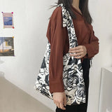 Retro Rose Floral Shoulder Bags Large Capacity Travel Canvas Underarm Shopping