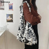 Retro Rose Floral Shoulder Bags Large Capacity Travel Canvas Underarm Shopping