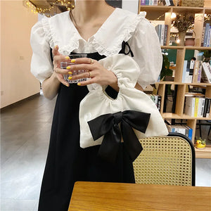 Vintage Satin Bowknot Women's Mini Wrist Bag Canvas Small Shoulder Bags