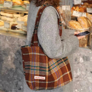 Retro Mixed Woven Wool Shoulder Bag Plaid Handbag