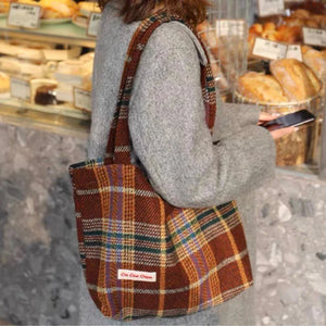 Retro Mixed Woven Wool Shoulder Bag Plaid Handbag