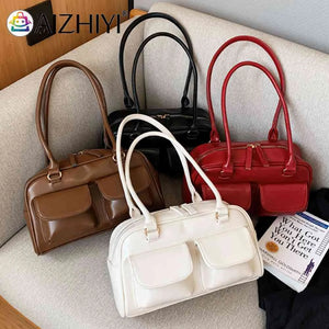 Retro PU Leather Shoulder Handbags Double Pocket Tote Handbags