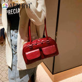 Retro PU Leather Shoulder Handbags Double Pocket Tote Handbags