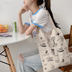 Retro Casual Handbag Butterfly Sailboat Print Cotton Linen Women's Canvas