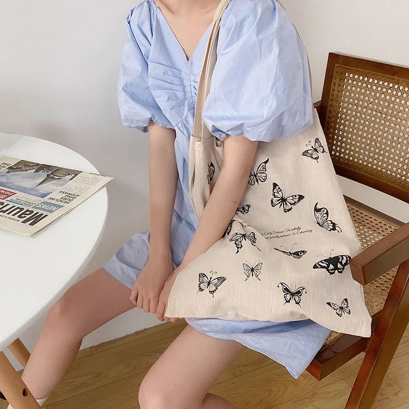 Retro Casual Handbag Butterfly Sailboat Print Cotton Linen Women's Canvas