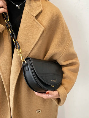 Retro Solid Saddle Shoulder Bag Chain Crossbody Women's Handbag PU Leather Tote