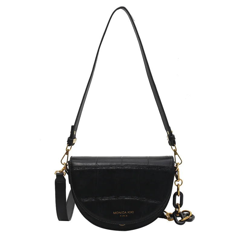 Retro Solid Saddle Shoulder Bag Chain Crossbody Women's Handbag PU Leather Tote