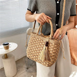 Retro Straw Bag Women Handbag Tassel Bucket Casual Drawstring Messenger