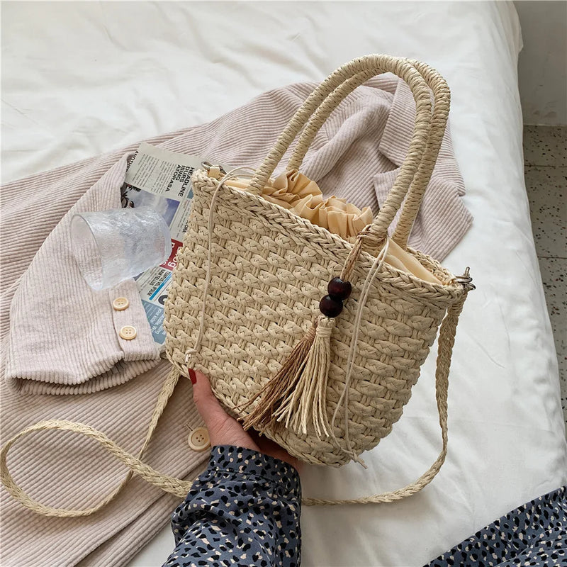 Retro Straw Bag Women Handbag Tassel Bucket Casual Drawstring Messenger