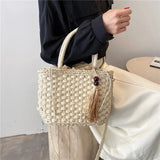 Retro Straw Bag Women Handbag Tassel Bucket Casual Drawstring Messenger