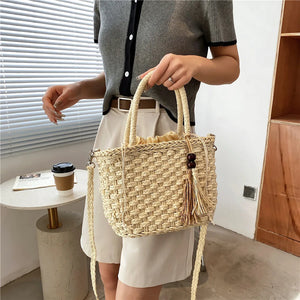 Retro Straw Bag Women Handbag Tassel Bucket Casual Drawstring Messenger