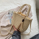 Retro Straw Bag Women Handbag Tassel Bucket Casual Drawstring Messenger