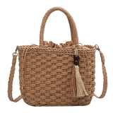 Retro Straw Bag Women Handbag Tassel Bucket Casual Drawstring Messenger