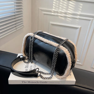 Retro Bright Leather Shoulder Bag Plush Edges Handbags