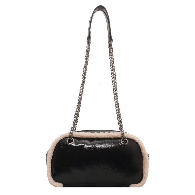 Retro Bright Leather Shoulder Bag Plush Edges Handbags
