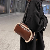 Retro Bright Leather Shoulder Bag Plush Edges Handbags