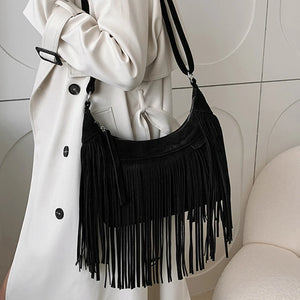 Retro Tassel Shoulder Bag Women Deerskin Velvet Crossbody Bag