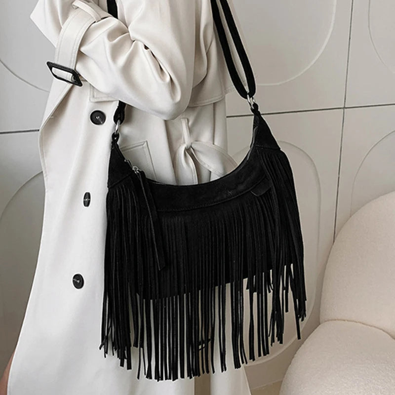 Retro Tassel Shoulder Bag Women Deerskin Velvet Crossbody Bag