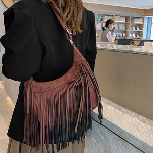 Retro Tassel Shoulder Bag Women Deerskin Velvet Crossbody Bag